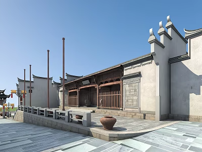 Traditional Ancient Architecture Featuring Classic Curved Cornices Stone Paved Ground And Wooden Doors 3d model