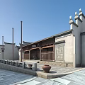 Traditional Ancient Architecture Featuring Classic Curved Cornices Stone Paved Ground And Wooden Doors