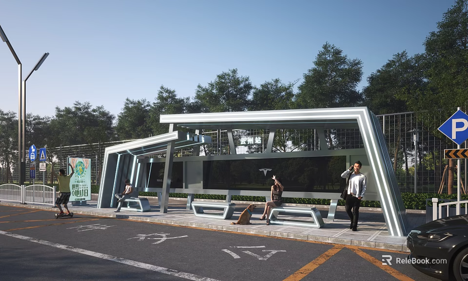 Modern Urban Bus Station With Shelter Benches Pedestrians And Green Trees 3d model 