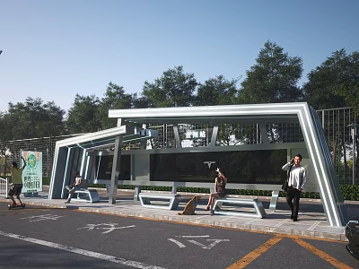 Modern Urban Bus Station With Shelter Benches Pedestrians And Green Trees 3d model