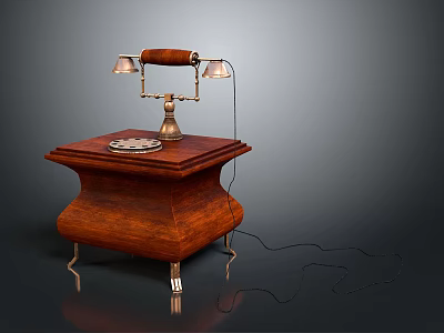Vintage Telephone With Brass Bell On Dark Wooden Table Carved Legs And Wired Connection 3d model