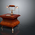 Vintage Telephone With Brass Bell On Dark Wooden Table Carved Legs And Wired Connection