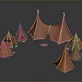 Orange Tents Furniture With Multiple Small Tents Surrounding Large One On Reflective Surface
