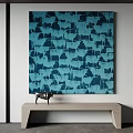 Abstract Blue Green Pattern Artwork On Wall With Light Bench And Black Sculpture 3d model