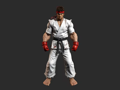 Game And Movie Character In White Karate Uniform With Red Headband And Gloves 3d model
