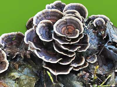 Fresh Edible Fungi Vegetable On Rotten Log With Green Background 3d model