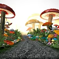 Magical Pathway With Colorful Mushrooms Lush Grass And Dark Background