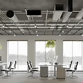 Modern Public Office Space With Desks Computers Hanging Plants And Window Blinds 3d model