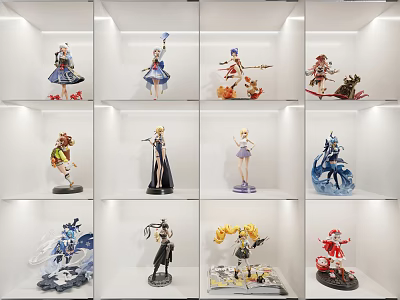 Anime Action Figures Collection Displayed On White Shelf With Various Characters 3d model