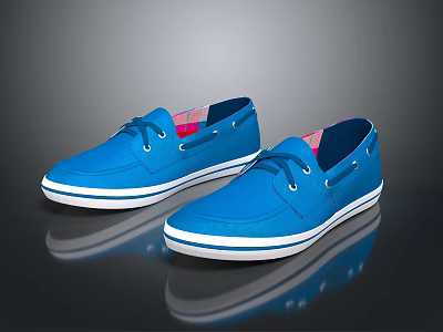 Blue Casual Shoes with White Soles Laces and Plaid Lining Displayed on Black Reflective Surface 3d model