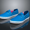 Blue Casual Shoes with White Soles Laces and Plaid Lining Displayed on Black Reflective Surface