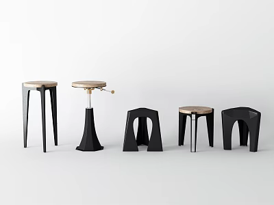 Modern Stools Collection With Various Designs Wooden Tops And Black Legs 3d model