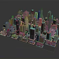 Cartoon Style Cityscape With Colorful High Rise Buildings And Detailed Structures