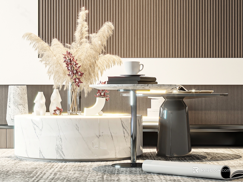 Modern Coffee Table With Marble Top And Decorative Plants In Elegant Living Room 3d model 