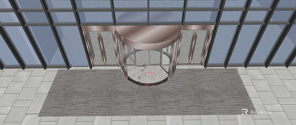 Modern Revolving Door Entrance With Glass Curtain Walls And Gray Floor Tiles 3d model 