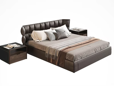 Modern Double Bed With Dark Leather Headboard Pillows Cozy Blanket And Nightstands With Books 3d model