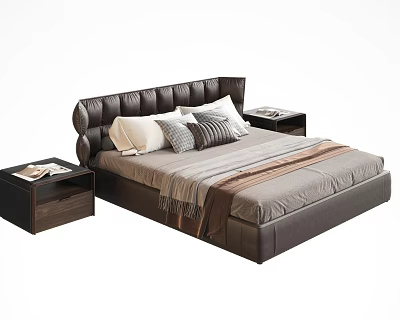 Modern Double Bed With Dark Leather Headboard Pillows Cozy Blanket And Nightstands With Books 3d model
