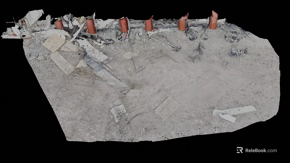 Scattered Debris And Wooden Planks With Red Structures On Ruined Ground Surface 3d model 