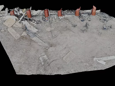 Scattered Debris And Wooden Planks With Red Structures On Ruined Ground Surface 3d model