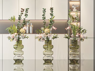 Green Glass Vases with Flowers and Greenery in Modern Interior with White Cabinets and Lighting 3d model