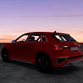 Red Audi Sporty Hatchback With Sharp Headlights Grille And Sunset Sky On Gray Ground