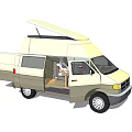 Camper Van With Pop-up Roof Open Doors And Interior Dining Table Seats