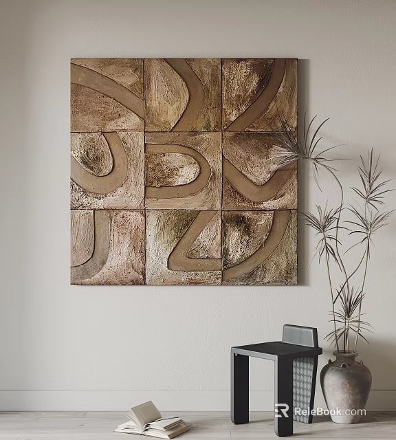 Abstract Geometric Wall Art With Brown Tones And Potted Plant Nearby 3d model 