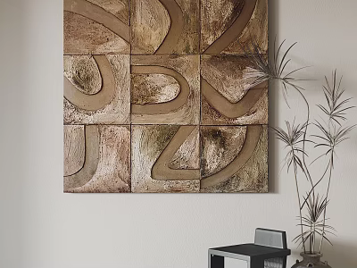 Abstract Geometric Wall Art With Brown Tones And Potted Plant Nearby 3d model
