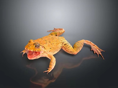 Vibrant Yellow Spotted Frog With Open Mouth On Dark Reflective Surface 3d model