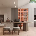 Modern Tea Room Interior Design With Long Tea Table Stools And Tea Sets Storage Cabinet