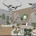 Kindergarten Classroom Interior With Cloud Decor Bookshelves Circular Windows And Green Plants