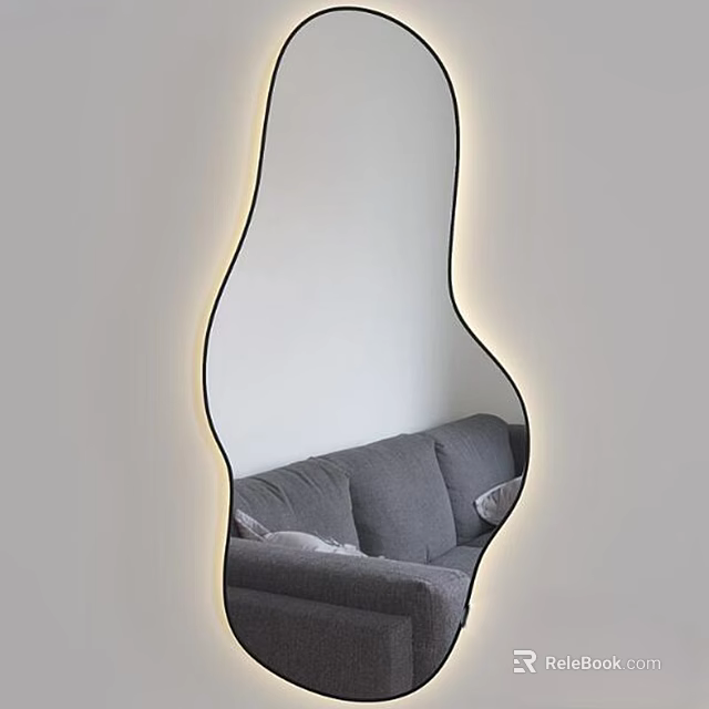 Modern Stylish Decorative Mirror With Irregular Shape LED Light Reflecting Gray Sofa 3d model 