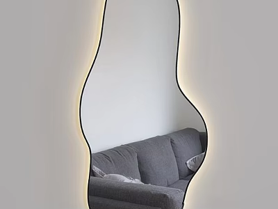 Modern Stylish Decorative Mirror With Irregular Shape LED Light Reflecting Gray Sofa 3d model
