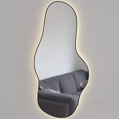 Modern Stylish Decorative Mirror With Irregular Shape LED Light Reflecting Gray Sofa 3d model
