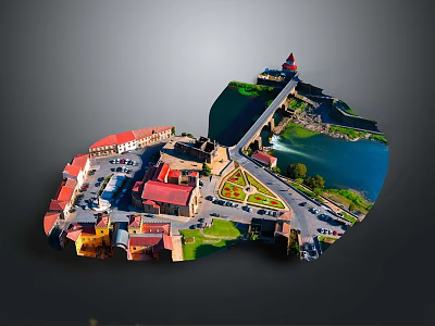 3D Urban City Model With Red Roof Buildings River Bridge And Dome Tower 3d model