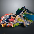 3D Urban City Model With Red Roof Buildings River Bridge And Dome Tower