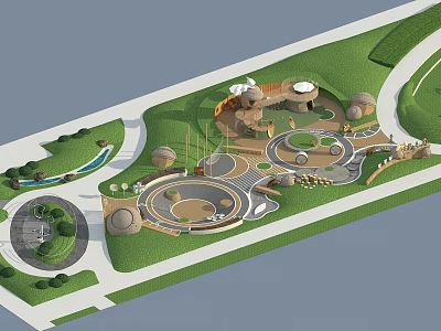 Playful Garden Landscape Design With Circular Areas Curved Paths Green Lawns And Play Structures 3d model