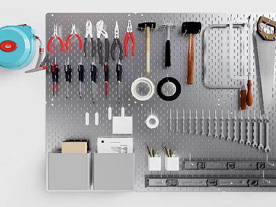 Pegboard Wall With Organized Tools Hammers Pliers Screwdrivers And Storage Accessories 3d model