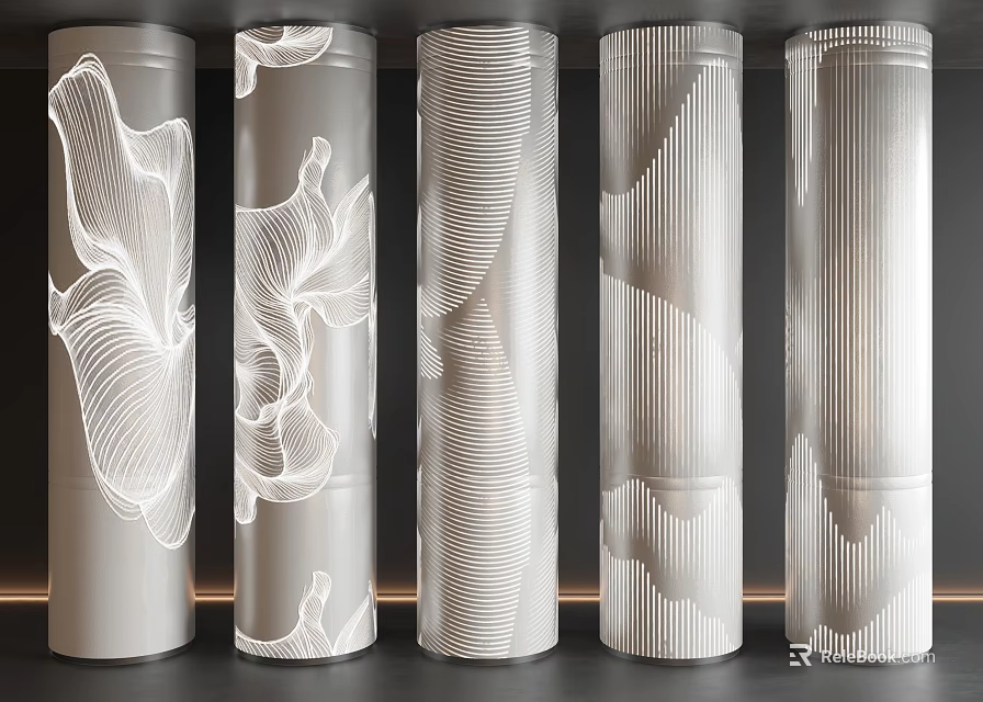 Modern Decorative Columns With Artistic White Line Patterns For Interior Design 3d model 