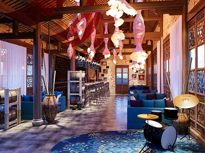 Cozy Café Interior With Wooden Structure Blue Sofas Bar Counter And Drum Decorations 3d model