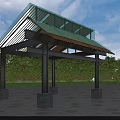 Modern Pergola With Green Roof Metal Structure Glass Elements And Stone Pillars In Park