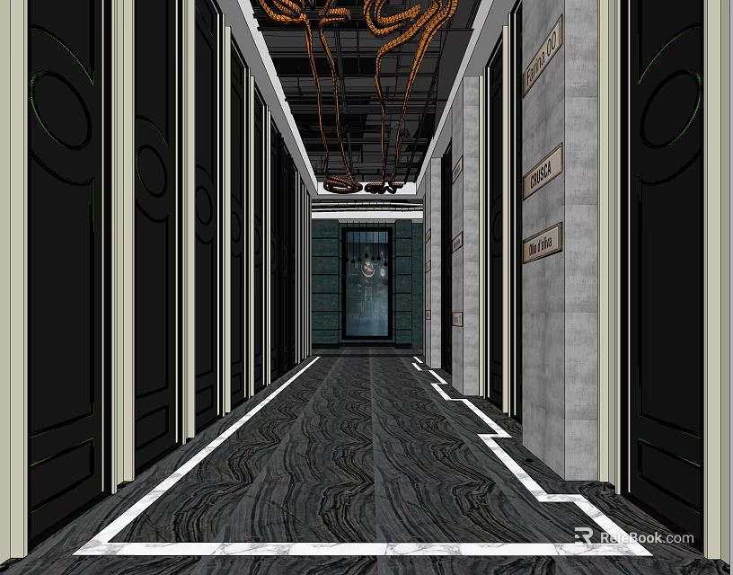 Modern KTV Corridor Interior With Room Doors Decorative Floor And Ceiling Design 3d model 