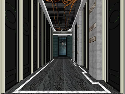 Modern KTV Corridor Interior With Room Doors Decorative Floor And Ceiling Design 3d model