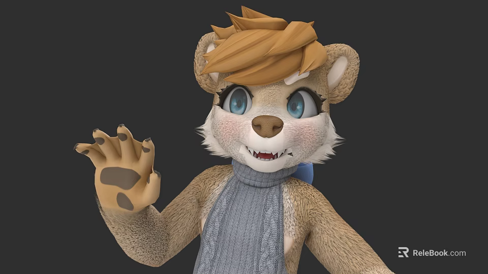 Cute Aquatic Otter 3D Model with Brown Fur Blue Scarf Waving Paw and Smiling Expression 3d model 