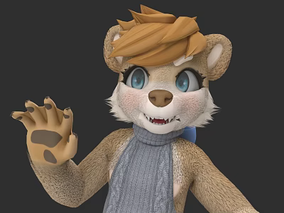 Cute Aquatic Otter 3D Model with Brown Fur Blue Scarf Waving Paw and Smiling Expression 3d model