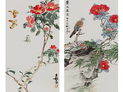 Traditional Chinese Botanical Painting With Red Flowers Green Leaves Butterflies And Dove 3d model