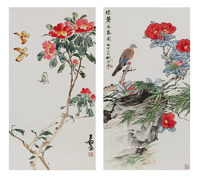 Traditional Chinese Botanical Painting With Red Flowers Green Leaves Butterflies And Dove 3d model