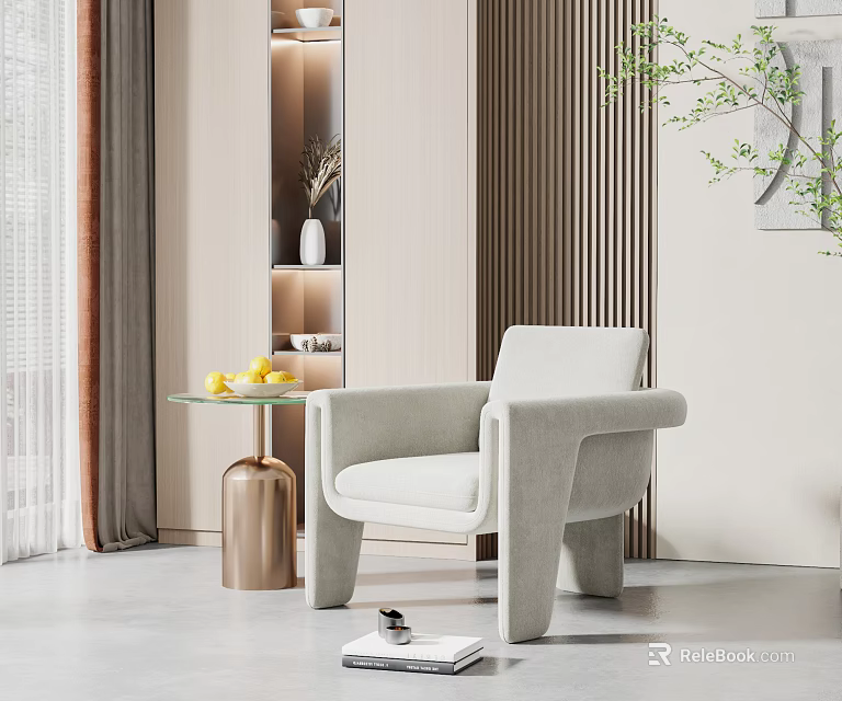 Modern Accent Chair With Glass Top Side Table Yellow Fruits And Green Plant 3d model 