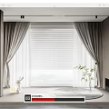 Modern Gray Curtains With White Blinds In Interior With Wooden Cabinets And Green Plant