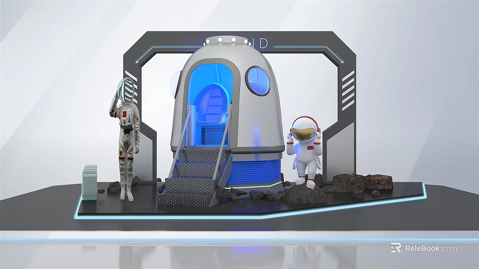 Space Theme Photo Spot With Silver Space Capsule Astronaut Models Blue Lighting And Lunar Rocks 3d model 
